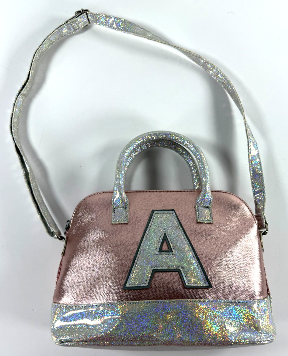 Justice Girls Initial A Pink Silver Holographic Glitter Crossbody Handbag Purse